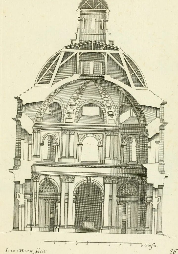 An illustration from Petit uvre d'architecture de Jean Marot, architecte et graveur, ou, Recueil des plans, elevations & coupes de divers anciens edifices de Paris, & de la sépulture des Valois, à S. Denis, avec diverses suites de tombeaux, epitaphes, chapelles, retables d'autels, tabernacles, portes cocheres & autres, &c. & plusieurs petits temples dans le goût antique, qui n'ont jamais paru, 1764, leaf 142