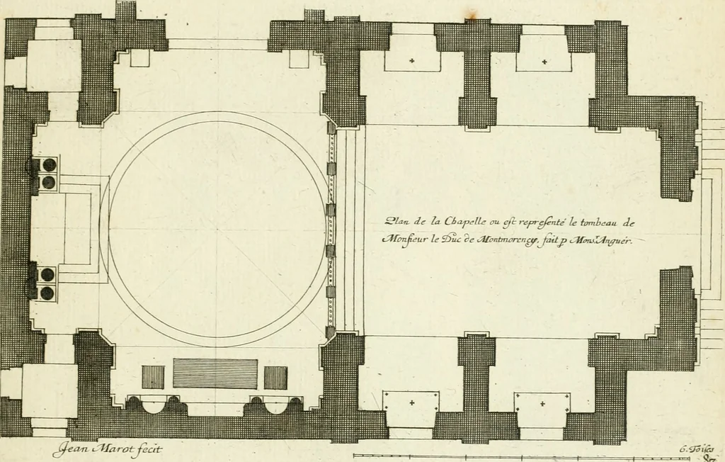 An illustration from Petit uvre d'architecture de Jean Marot, architecte et graveur, ou, Recueil des plans, elevations & coupes de divers anciens edifices de Paris, & de la sépulture des Valois, à S. Denis, avec diverses suites de tombeaux, epitaphes, chapelles, retables d'autels, tabernacles, portes cocheres & autres, &c. & plusieurs petits temples dans le goût antique, qui n'ont jamais paru, 1764, leaf 144