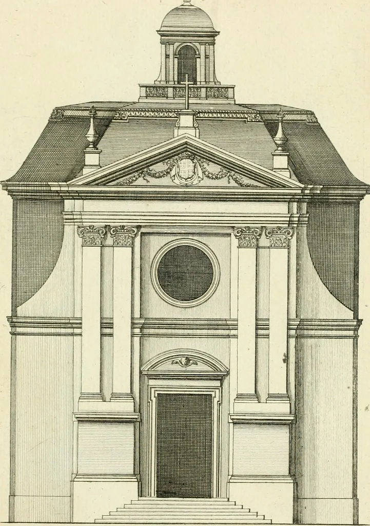 An illustration from Petit uvre d'architecture de Jean Marot, architecte et graveur, ou, Recueil des plans, elevations & coupes de divers anciens edifices de Paris, & de la sépulture des Valois, à S. Denis, avec diverses suites de tombeaux, epitaphes, chapelles, retables d'autels, tabernacles, portes cocheres & autres, &c. & plusieurs petits temples dans le goût antique, qui n'ont jamais paru, 1764, leaf 146