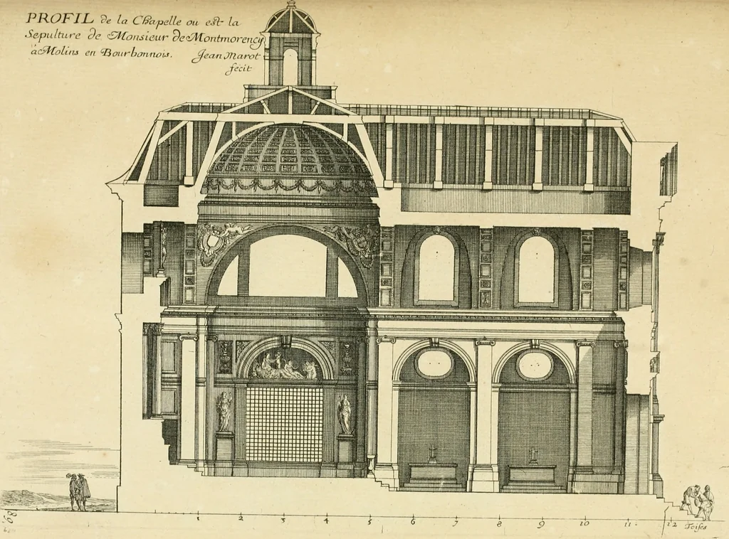 An illustration from Petit uvre d'architecture de Jean Marot, architecte et graveur, ou, Recueil des plans, elevations & coupes de divers anciens edifices de Paris, & de la sépulture des Valois, à S. Denis, avec diverses suites de tombeaux, epitaphes, chapelles, retables d'autels, tabernacles, portes cocheres & autres, &c. & plusieurs petits temples dans le goût antique, qui n'ont jamais paru, 1764, leaf 148
