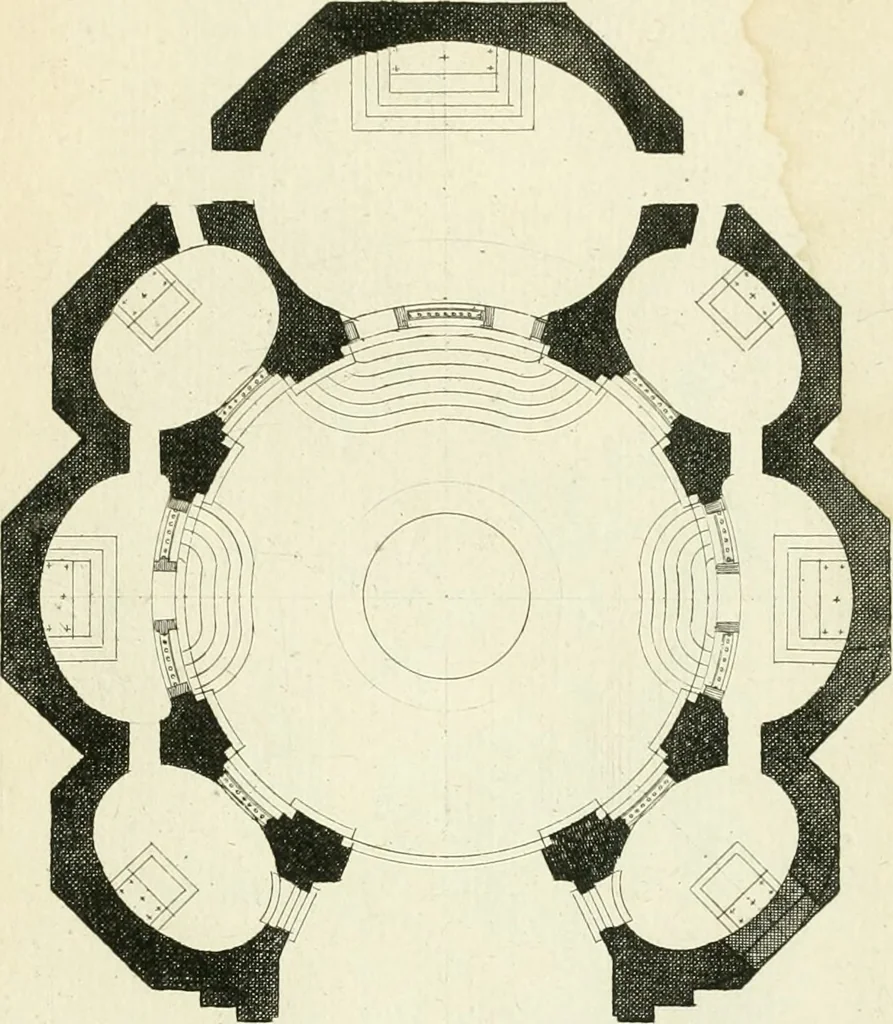 An illustration from Petit uvre d'architecture de Jean Marot, architecte et graveur, ou, Recueil des plans, elevations & coupes de divers anciens edifices de Paris, & de la sépulture des Valois, à S. Denis, avec diverses suites de tombeaux, epitaphes, chapelles, retables d'autels, tabernacles, portes cocheres & autres, &c. & plusieurs petits temples dans le goût antique, qui n'ont jamais paru, 1764, leaf 150