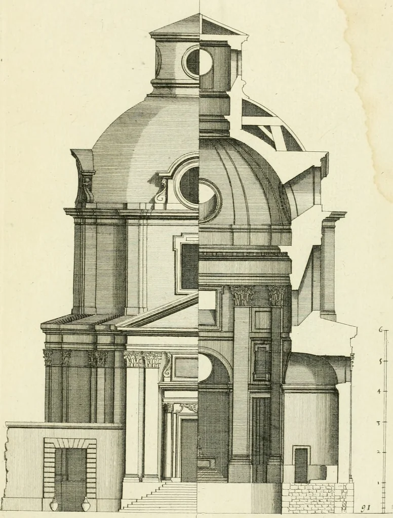 An illustration from Petit uvre d'architecture de Jean Marot, architecte et graveur, ou, Recueil des plans, elevations & coupes de divers anciens edifices de Paris, & de la sépulture des Valois, à S. Denis, avec diverses suites de tombeaux, epitaphes, chapelles, retables d'autels, tabernacles, portes cocheres & autres, &c. & plusieurs petits temples dans le goût antique, qui n'ont jamais paru, 1764, leaf 152