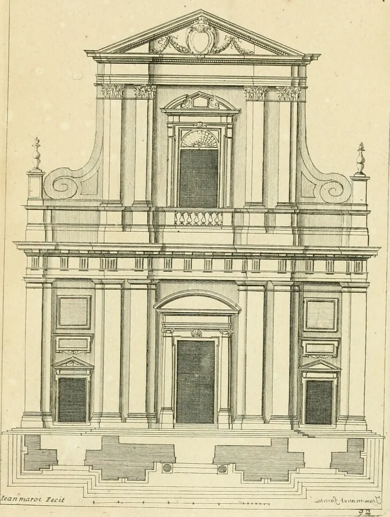 An illustration from Petit uvre d'architecture de Jean Marot, architecte et graveur, ou, Recueil des plans, elevations & coupes de divers anciens edifices de Paris, & de la sépulture des Valois, à S. Denis, avec diverses suites de tombeaux, epitaphes, chapelles, retables d'autels, tabernacles, portes cocheres & autres, &c. & plusieurs petits temples dans le goût antique, qui n'ont jamais paru, 1764, leaf 154