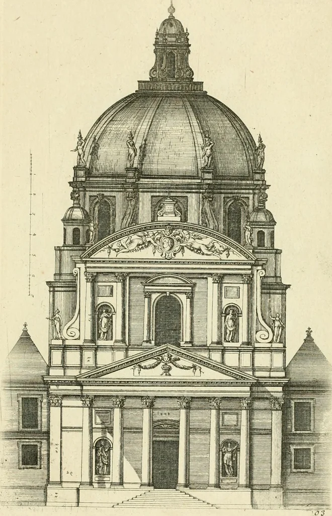 An illustration from Petit uvre d'architecture de Jean Marot, architecte et graveur, ou, Recueil des plans, elevations & coupes de divers anciens edifices de Paris, & de la sépulture des Valois, à S. Denis, avec diverses suites de tombeaux, epitaphes, chapelles, retables d'autels, tabernacles, portes cocheres & autres, &c. & plusieurs petits temples dans le goût antique, qui n'ont jamais paru, 1764, leaf 156