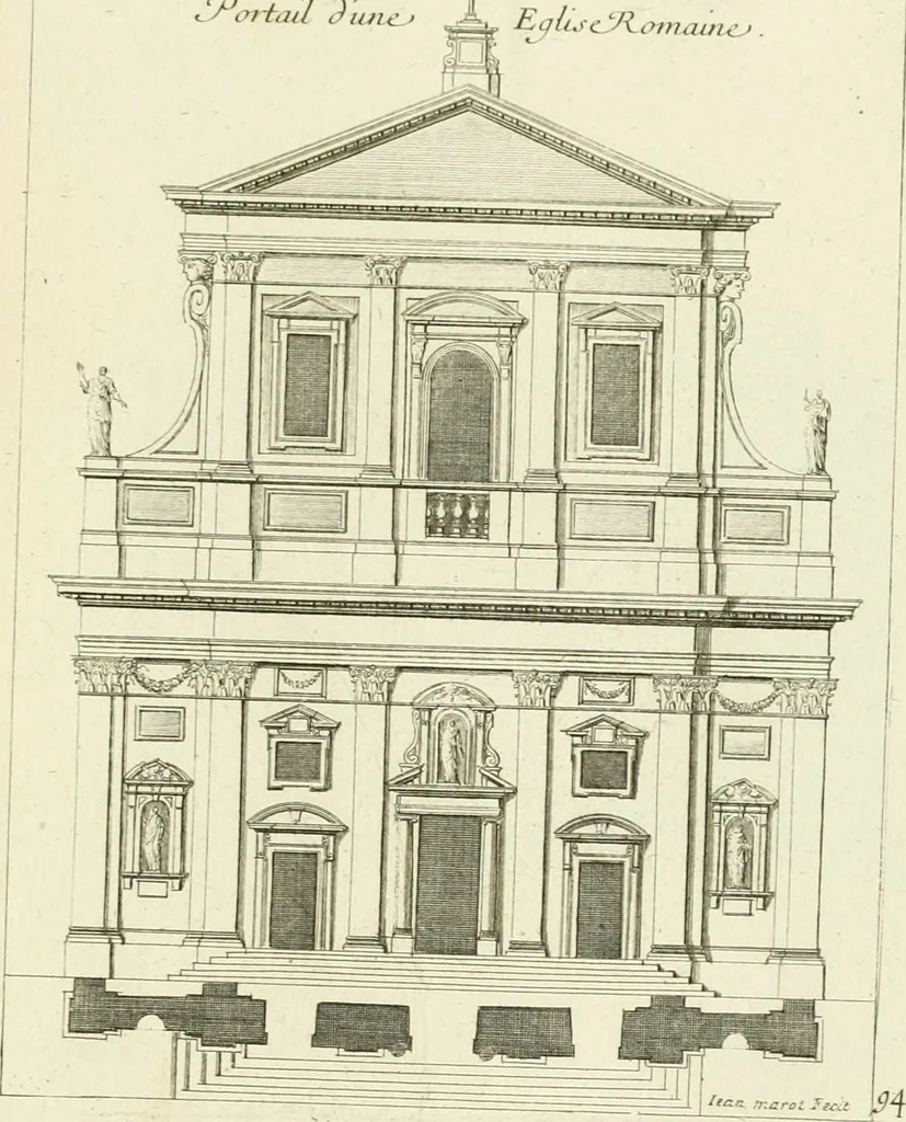 An illustration from Petit uvre d'architecture de Jean Marot, architecte et graveur, ou, Recueil des plans, elevations & coupes de divers anciens edifices de Paris, & de la sépulture des Valois, à S. Denis, avec diverses suites de tombeaux, epitaphes, chapelles, retables d'autels, tabernacles, portes cocheres & autres, &c. & plusieurs petits temples dans le goût antique, qui n'ont jamais paru, 1764, leaf 158