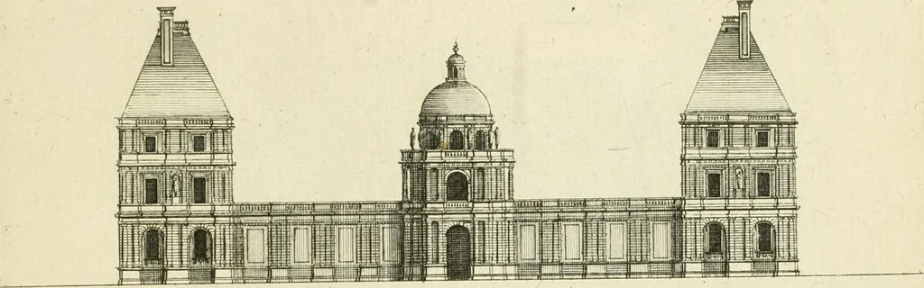 An illustration from Petit uvre d'architecture de Jean Marot, architecte et graveur, ou, Recueil des plans, elevations & coupes de divers anciens edifices de Paris, & de la sépulture des Valois, à S. Denis, avec diverses suites de tombeaux, epitaphes, chapelles, retables d'autels, tabernacles, portes cocheres & autres, &c. & plusieurs petits temples dans le goût antique, qui n'ont jamais paru, 1764, leaf 16