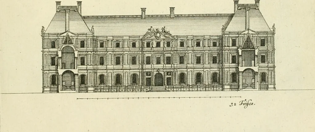 An illustration from Petit uvre d'architecture de Jean Marot, architecte et graveur, ou, Recueil des plans, elevations & coupes de divers anciens edifices de Paris, & de la sépulture des Valois, à S. Denis, avec diverses suites de tombeaux, epitaphes, chapelles, retables d'autels, tabernacles, portes cocheres & autres, &c. & plusieurs petits temples dans le goût antique, qui n'ont jamais paru, 1764, leaf 16