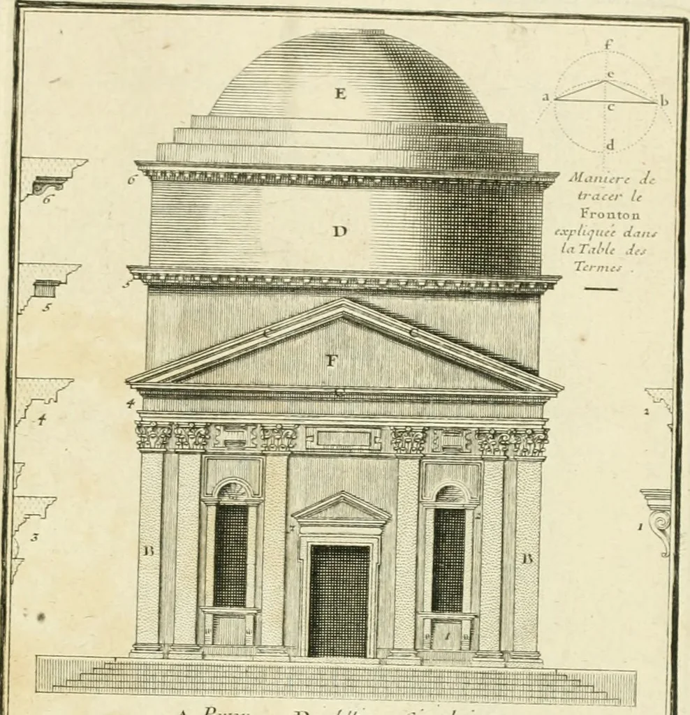 An illustration from Petit uvre d'architecture de Jean Marot, architecte et graveur, ou, Recueil des plans, elevations & coupes de divers anciens edifices de Paris, & de la sépulture des Valois, à S. Denis, avec diverses suites de tombeaux, epitaphes, chapelles, retables d'autels, tabernacles, portes cocheres & autres, &c. & plusieurs petits temples dans le goût antique, qui n'ont jamais paru, 1764, leaf 162