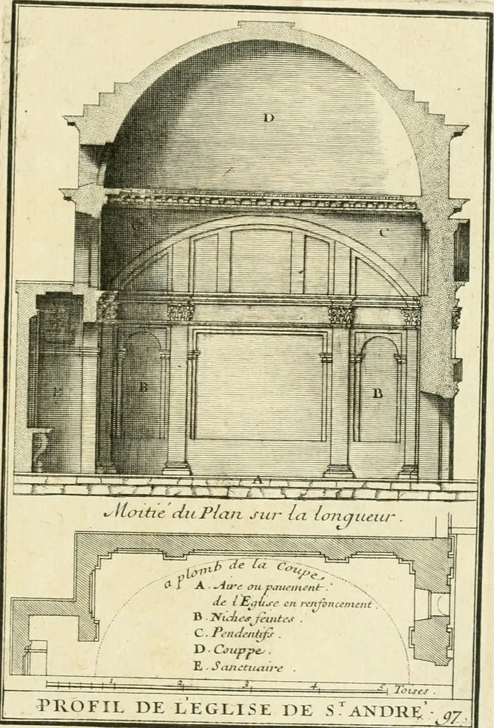 An illustration from Petit uvre d'architecture de Jean Marot, architecte et graveur, ou, Recueil des plans, elevations & coupes de divers anciens edifices de Paris, & de la sépulture des Valois, à S. Denis, avec diverses suites de tombeaux, epitaphes, chapelles, retables d'autels, tabernacles, portes cocheres & autres, &c. & plusieurs petits temples dans le goût antique, qui n'ont jamais paru, 1764, leaf 164