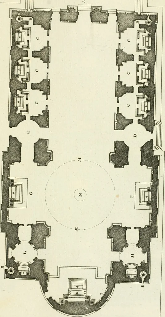 An illustration from Petit uvre d'architecture de Jean Marot, architecte et graveur, ou, Recueil des plans, elevations & coupes de divers anciens edifices de Paris, & de la sépulture des Valois, à S. Denis, avec diverses suites de tombeaux, epitaphes, chapelles, retables d'autels, tabernacles, portes cocheres & autres, &c. & plusieurs petits temples dans le goût antique, qui n'ont jamais paru, 1764, leaf 166