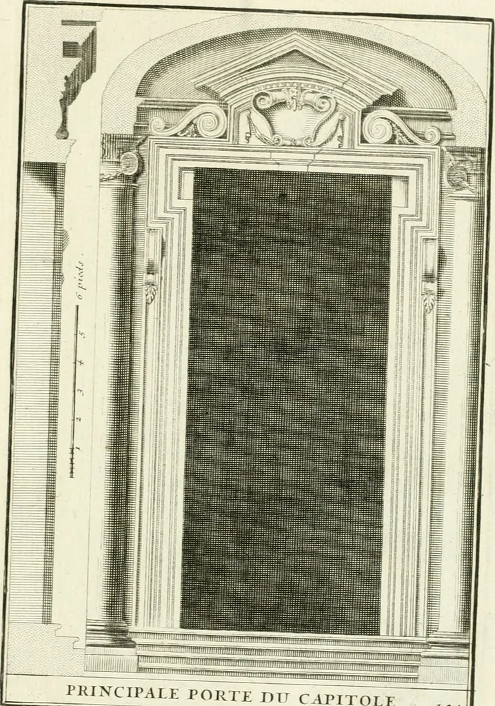 An illustration from Petit uvre d'architecture de Jean Marot, architecte et graveur, ou, Recueil des plans, elevations & coupes de divers anciens edifices de Paris, & de la sépulture des Valois, à S. Denis, avec diverses suites de tombeaux, epitaphes, chapelles, retables d'autels, tabernacles, portes cocheres & autres, &c. & plusieurs petits temples dans le goût antique, qui n'ont jamais paru, 1764, leaf 178