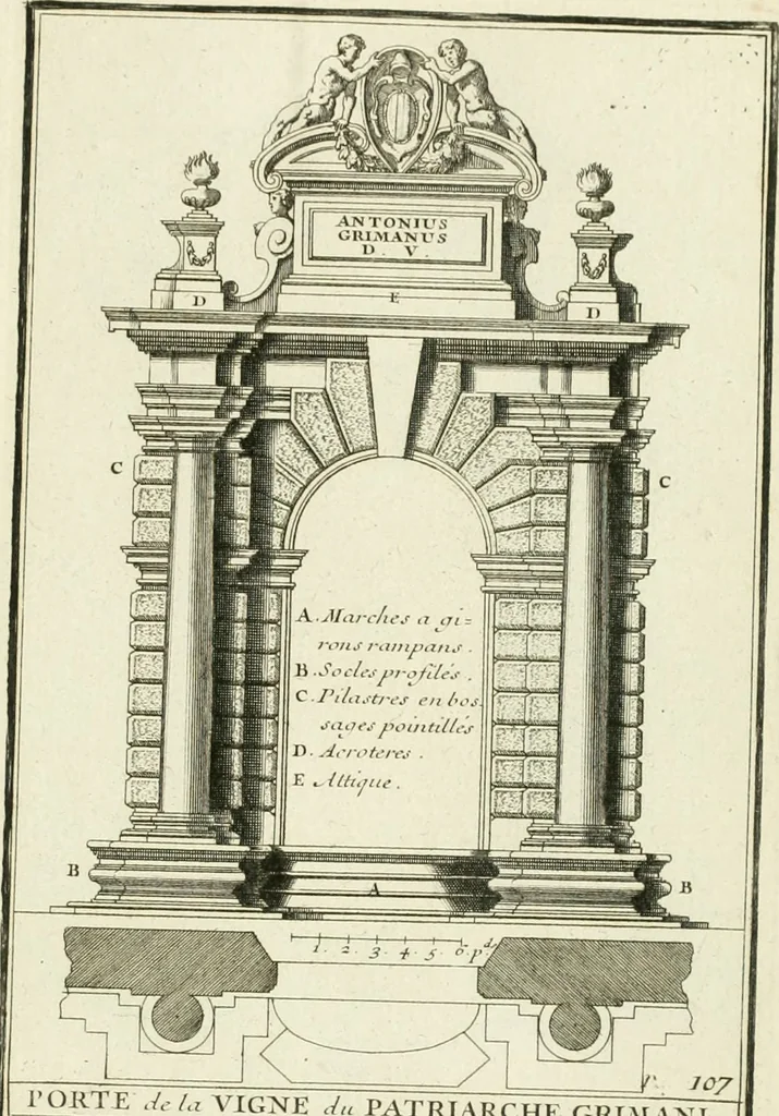 An illustration from Petit uvre d'architecture de Jean Marot, architecte et graveur, ou, Recueil des plans, elevations & coupes de divers anciens edifices de Paris, & de la sépulture des Valois, à S. Denis, avec diverses suites de tombeaux, epitaphes, chapelles, retables d'autels, tabernacles, portes cocheres & autres, &c. & plusieurs petits temples dans le goût antique, qui n'ont jamais paru, 1764, leaf 184