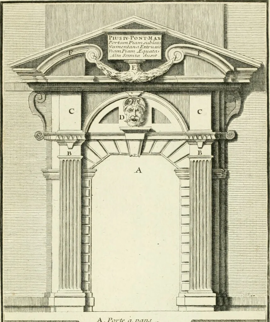 An illustration from Petit uvre d'architecture de Jean Marot, architecte et graveur, ou, Recueil des plans, elevations & coupes de divers anciens edifices de Paris, & de la sépulture des Valois, à S. Denis, avec diverses suites de tombeaux, epitaphes, chapelles, retables d'autels, tabernacles, portes cocheres & autres, &c. & plusieurs petits temples dans le goût antique, qui n'ont jamais paru, 1764, leaf 186