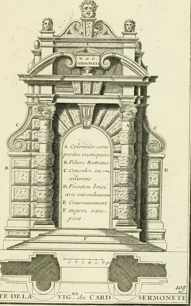 An illustration from Petit uvre d'architecture de Jean Marot, architecte et graveur, ou, Recueil des plans, elevations & coupes de divers anciens edifices de Paris, & de la sépulture des Valois, à S. Denis, avec diverses suites de tombeaux, epitaphes, chapelles, retables d'autels, tabernacles, portes cocheres & autres, &c. & plusieurs petits temples dans le goût antique, qui n'ont jamais paru, 1764, leaf 188