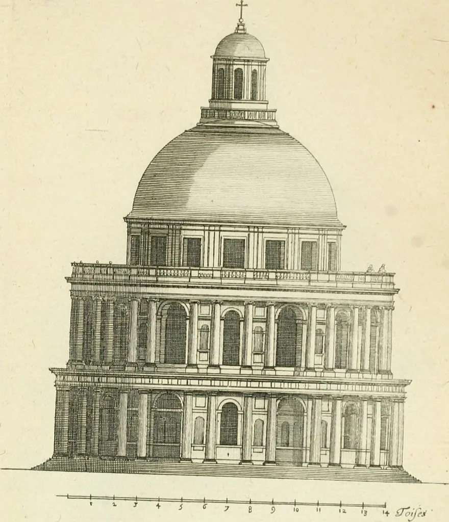 An illustration from Petit uvre d'architecture de Jean Marot, architecte et graveur, ou, Recueil des plans, elevations & coupes de divers anciens edifices de Paris, & de la sépulture des Valois, à S. Denis, avec diverses suites de tombeaux, epitaphes, chapelles, retables d'autels, tabernacles, portes cocheres & autres, &c. & plusieurs petits temples dans le goût antique, qui n'ont jamais paru, 1764, leaf 196