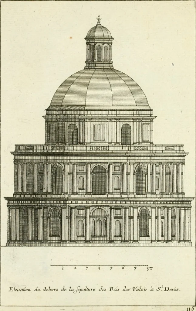 An illustration from Petit uvre d'architecture de Jean Marot, architecte et graveur, ou, Recueil des plans, elevations & coupes de divers anciens edifices de Paris, & de la sépulture des Valois, à S. Denis, avec diverses suites de tombeaux, epitaphes, chapelles, retables d'autels, tabernacles, portes cocheres & autres, &c. & plusieurs petits temples dans le goût antique, qui n'ont jamais paru, 1764, leaf 198