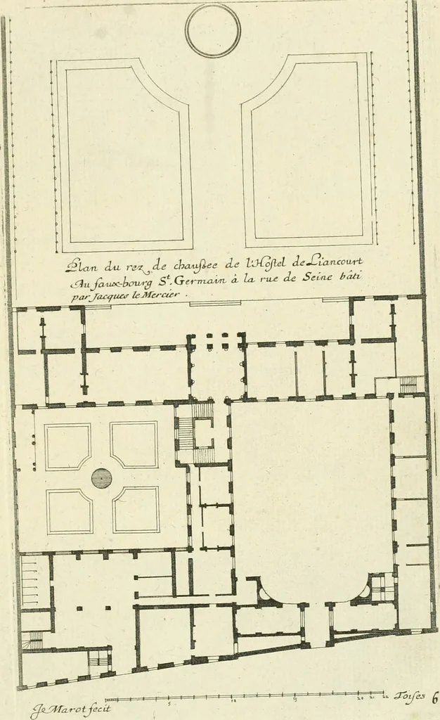 An illustration from Petit uvre d'architecture de Jean Marot, architecte et graveur, ou, Recueil des plans, elevations & coupes de divers anciens edifices de Paris, & de la sépulture des Valois, à S. Denis, avec diverses suites de tombeaux, epitaphes, chapelles, retables d'autels, tabernacles, portes cocheres & autres, &c. & plusieurs petits temples dans le goût antique, qui n'ont jamais paru, 1764, leaf 20