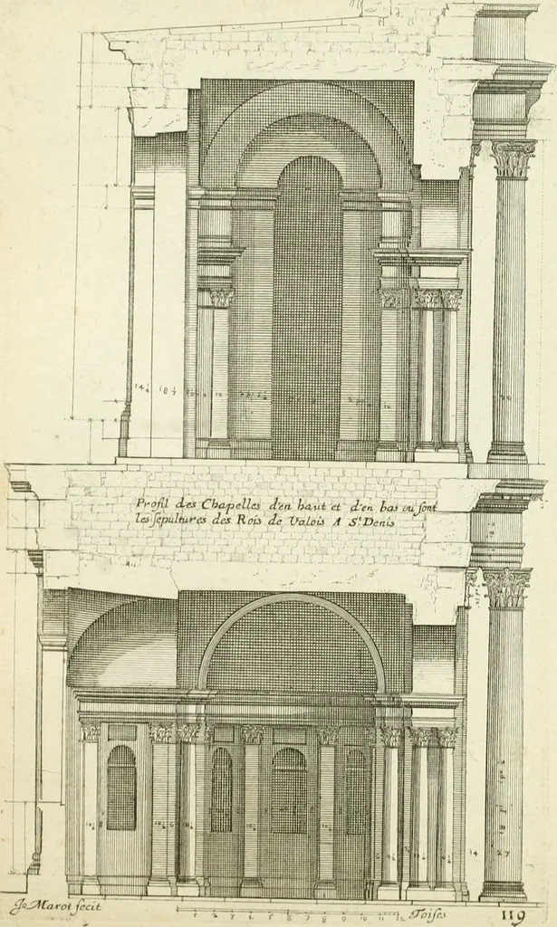 An illustration from Petit uvre d'architecture de Jean Marot, architecte et graveur, ou, Recueil des plans, elevations & coupes de divers anciens edifices de Paris, & de la sépulture des Valois, à S. Denis, avec diverses suites de tombeaux, epitaphes, chapelles, retables d'autels, tabernacles, portes cocheres & autres, &c. & plusieurs petits temples dans le goût antique, qui n'ont jamais paru, 1764, leaf 200
