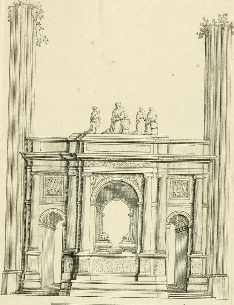 An illustration from Petit uvre d'architecture de Jean Marot, architecte et graveur, ou, Recueil des plans, elevations & coupes de divers anciens edifices de Paris, & de la sépulture des Valois, à S. Denis, avec diverses suites de tombeaux, epitaphes, chapelles, retables d'autels, tabernacles, portes cocheres & autres, &c. & plusieurs petits temples dans le goût antique, qui n'ont jamais paru, 1764, leaf 204