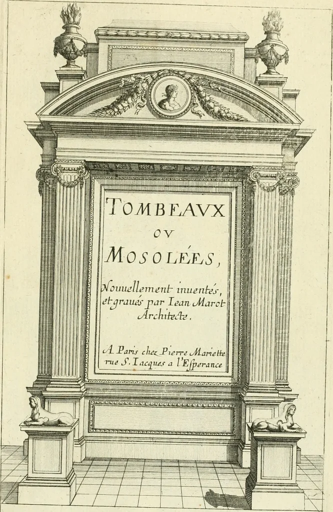 An illustration from Petit uvre d'architecture de Jean Marot, architecte et graveur, ou, Recueil des plans, elevations & coupes de divers anciens edifices de Paris, & de la sépulture des Valois, à S. Denis, avec diverses suites de tombeaux, epitaphes, chapelles, retables d'autels, tabernacles, portes cocheres & autres, &c. & plusieurs petits temples dans le goût antique, qui n'ont jamais paru, 1764, leaf 206