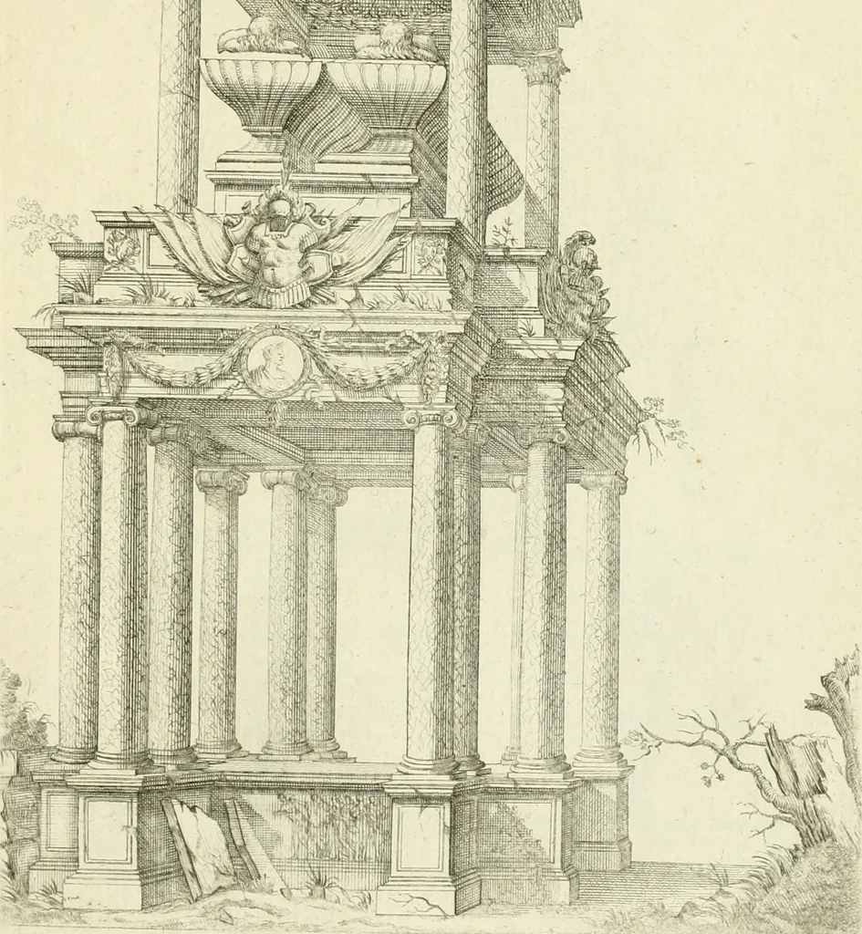 An illustration from Petit uvre d'architecture de Jean Marot, architecte et graveur, ou, Recueil des plans, elevations & coupes de divers anciens edifices de Paris, & de la sépulture des Valois, à S. Denis, avec diverses suites de tombeaux, epitaphes, chapelles, retables d'autels, tabernacles, portes cocheres & autres, &c. & plusieurs petits temples dans le goût antique, qui n'ont jamais paru, 1764, leaf 208