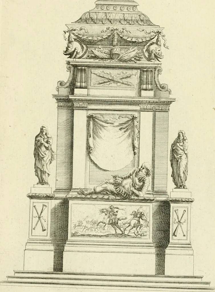 An illustration from Petit uvre d'architecture de Jean Marot, architecte et graveur, ou, Recueil des plans, elevations & coupes de divers anciens edifices de Paris, & de la sépulture des Valois, à S. Denis, avec diverses suites de tombeaux, epitaphes, chapelles, retables d'autels, tabernacles, portes cocheres & autres, &c. & plusieurs petits temples dans le goût antique, qui n'ont jamais paru, 1764, leaf 210