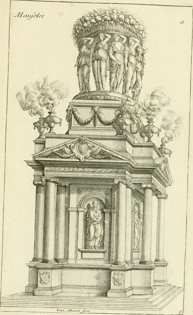 An illustration from Petit uvre d'architecture de Jean Marot, architecte et graveur, ou, Recueil des plans, elevations & coupes de divers anciens edifices de Paris, & de la sépulture des Valois, à S. Denis, avec diverses suites de tombeaux, epitaphes, chapelles, retables d'autels, tabernacles, portes cocheres & autres, &c. & plusieurs petits temples dans le goût antique, qui n'ont jamais paru, 1764, leaf 212