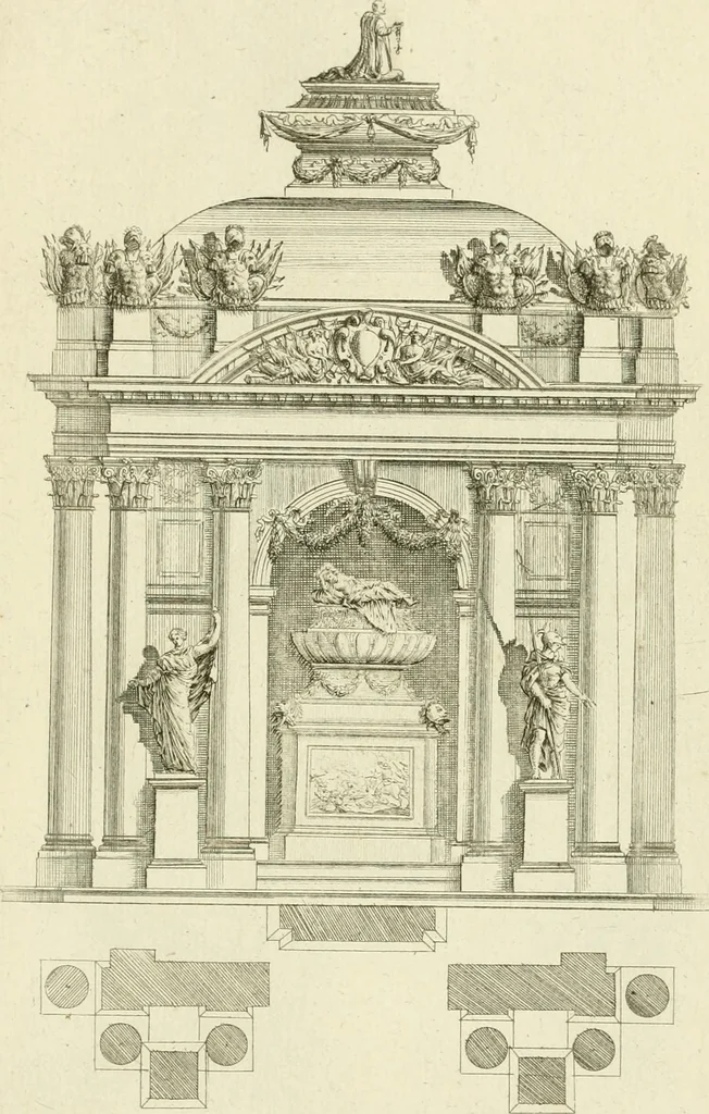 An illustration from Petit uvre d'architecture de Jean Marot, architecte et graveur, ou, Recueil des plans, elevations & coupes de divers anciens edifices de Paris, & de la sépulture des Valois, à S. Denis, avec diverses suites de tombeaux, epitaphes, chapelles, retables d'autels, tabernacles, portes cocheres & autres, &c. & plusieurs petits temples dans le goût antique, qui n'ont jamais paru, 1764, leaf 214