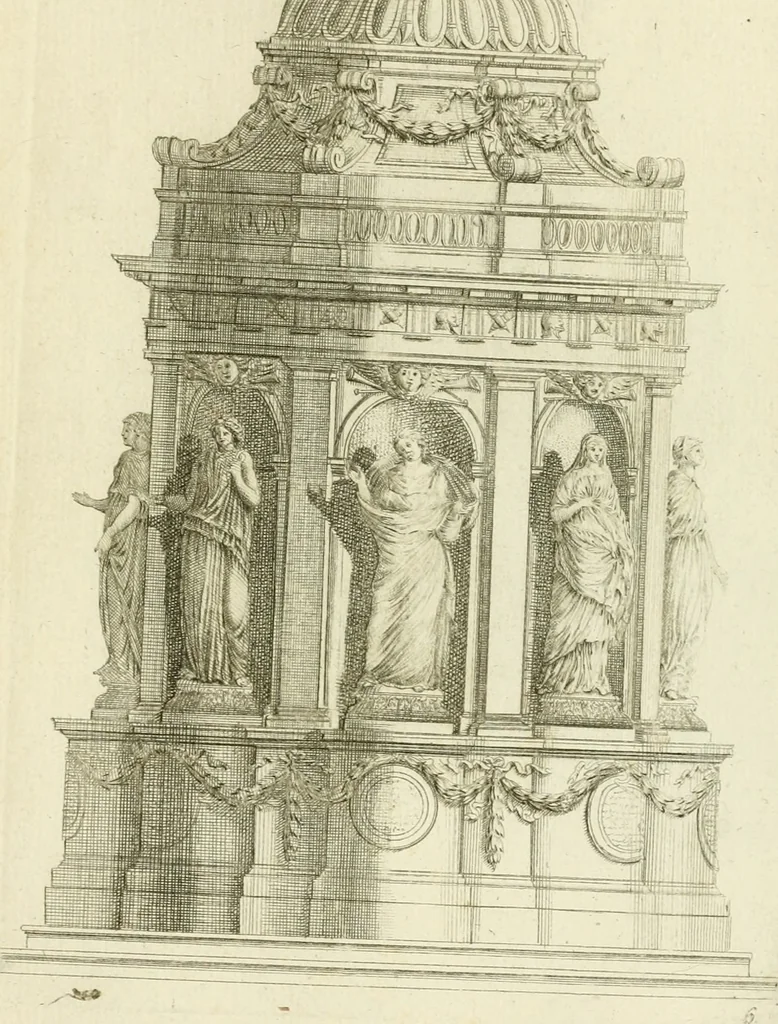 An illustration from Petit uvre d'architecture de Jean Marot, architecte et graveur, ou, Recueil des plans, elevations & coupes de divers anciens edifices de Paris, & de la sépulture des Valois, à S. Denis, avec diverses suites de tombeaux, epitaphes, chapelles, retables d'autels, tabernacles, portes cocheres & autres, &c. & plusieurs petits temples dans le goût antique, qui n'ont jamais paru, 1764, leaf 216