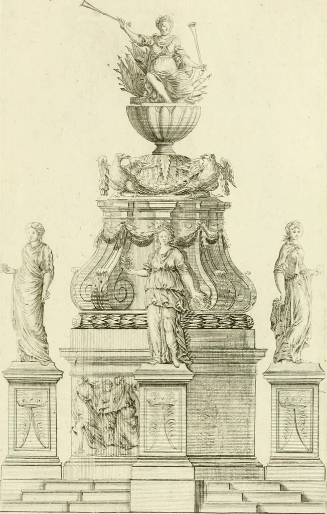 An illustration from Petit uvre d'architecture de Jean Marot, architecte et graveur, ou, Recueil des plans, elevations & coupes de divers anciens edifices de Paris, & de la sépulture des Valois, à S. Denis, avec diverses suites de tombeaux, epitaphes, chapelles, retables d'autels, tabernacles, portes cocheres & autres, &c. & plusieurs petits temples dans le goût antique, qui n'ont jamais paru, 1764, leaf 218