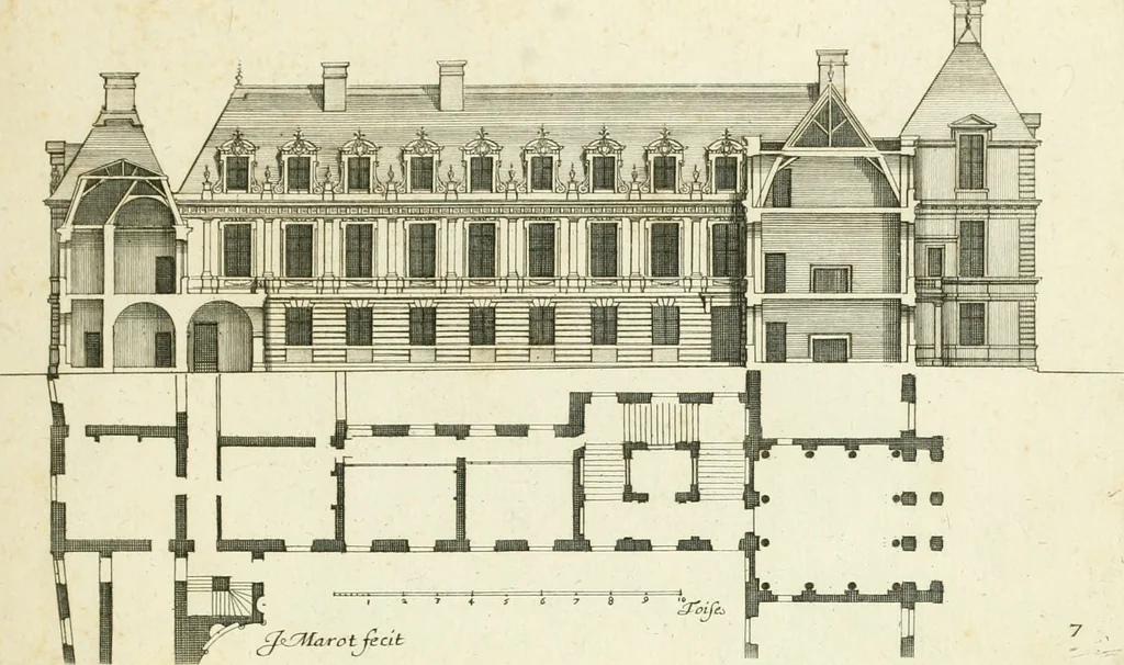 An illustration from Petit uvre d'architecture de Jean Marot, architecte et graveur, ou, Recueil des plans, elevations & coupes de divers anciens edifices de Paris, & de la sépulture des Valois, à S. Denis, avec diverses suites de tombeaux, epitaphes, chapelles, retables d'autels, tabernacles, portes cocheres & autres, &c. & plusieurs petits temples dans le goût antique, qui n'ont jamais paru, 1764, leaf 22