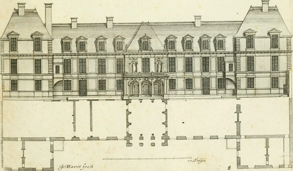 An illustration from Petit uvre d'architecture de Jean Marot, architecte et graveur, ou, Recueil des plans, elevations & coupes de divers anciens edifices de Paris, & de la sépulture des Valois, à S. Denis, avec diverses suites de tombeaux, epitaphes, chapelles, retables d'autels, tabernacles, portes cocheres & autres, &c. & plusieurs petits temples dans le goût antique, qui n'ont jamais paru, 1764, leaf 22
