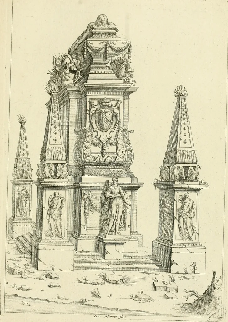 An illustration from Petit uvre d'architecture de Jean Marot, architecte et graveur, ou, Recueil des plans, elevations & coupes de divers anciens edifices de Paris, & de la sépulture des Valois, à S. Denis, avec diverses suites de tombeaux, epitaphes, chapelles, retables d'autels, tabernacles, portes cocheres & autres, &c. & plusieurs petits temples dans le goût antique, qui n'ont jamais paru, 1764, leaf 220