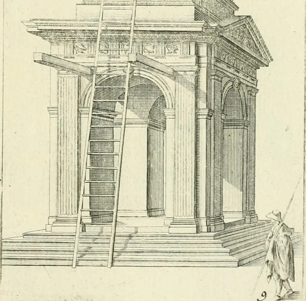 An illustration from Petit uvre d'architecture de Jean Marot, architecte et graveur, ou, Recueil des plans, elevations & coupes de divers anciens edifices de Paris, & de la sépulture des Valois, à S. Denis, avec diverses suites de tombeaux, epitaphes, chapelles, retables d'autels, tabernacles, portes cocheres & autres, &c. & plusieurs petits temples dans le goût antique, qui n'ont jamais paru, 1764, leaf 222