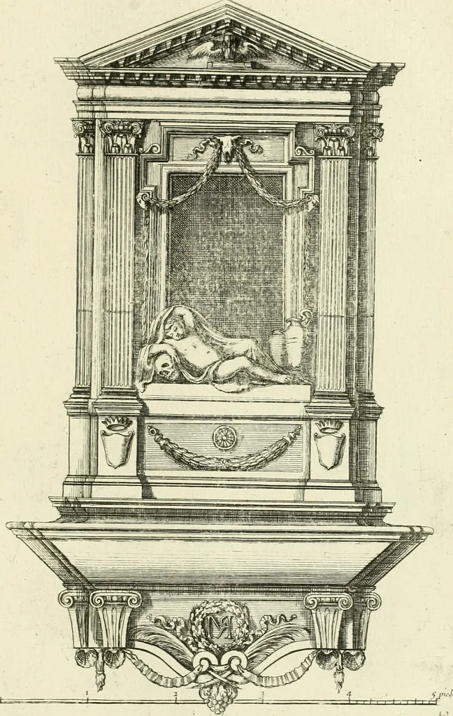 An illustration from Petit uvre d'architecture de Jean Marot, architecte et graveur, ou, Recueil des plans, elevations & coupes de divers anciens edifices de Paris, & de la sépulture des Valois, à S. Denis, avec diverses suites de tombeaux, epitaphes, chapelles, retables d'autels, tabernacles, portes cocheres & autres, &c. & plusieurs petits temples dans le goût antique, qui n'ont jamais paru, 1764, leaf 224