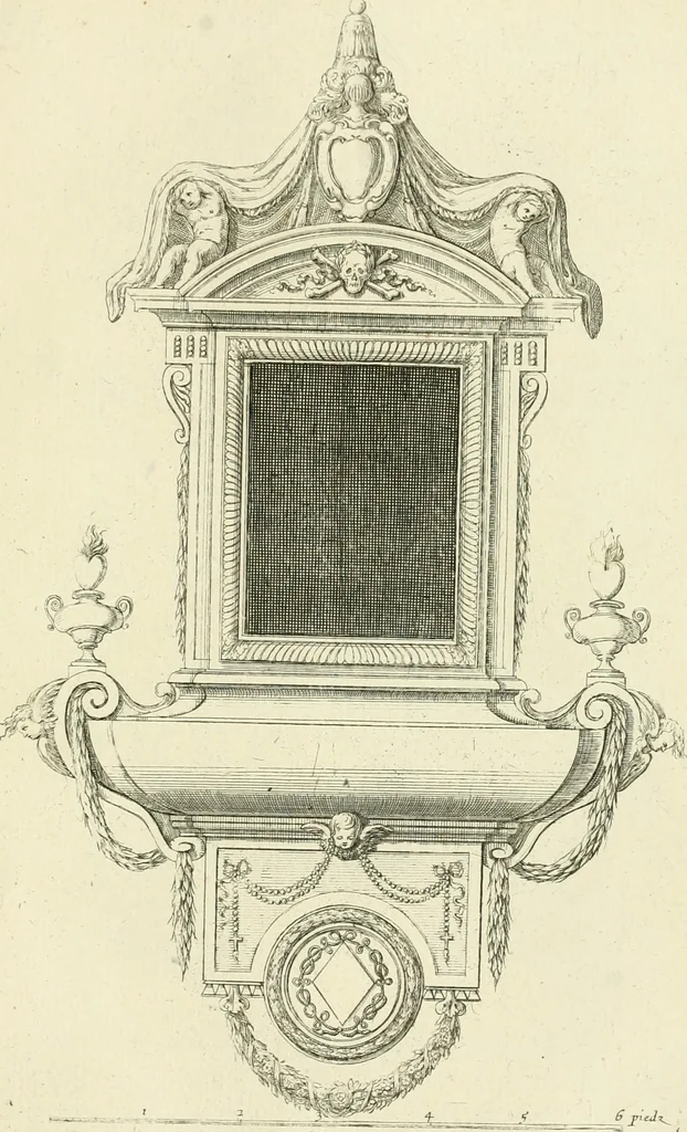 An illustration from Petit uvre d'architecture de Jean Marot, architecte et graveur, ou, Recueil des plans, elevations & coupes de divers anciens edifices de Paris, & de la sépulture des Valois, à S. Denis, avec diverses suites de tombeaux, epitaphes, chapelles, retables d'autels, tabernacles, portes cocheres & autres, &c. & plusieurs petits temples dans le goût antique, qui n'ont jamais paru, 1764, leaf 226