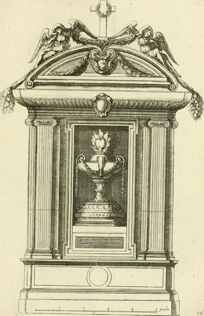 An illustration from Petit uvre d'architecture de Jean Marot, architecte et graveur, ou, Recueil des plans, elevations & coupes de divers anciens edifices de Paris, & de la sépulture des Valois, à S. Denis, avec diverses suites de tombeaux, epitaphes, chapelles, retables d'autels, tabernacles, portes cocheres & autres, &c. & plusieurs petits temples dans le goût antique, qui n'ont jamais paru, 1764, leaf 228