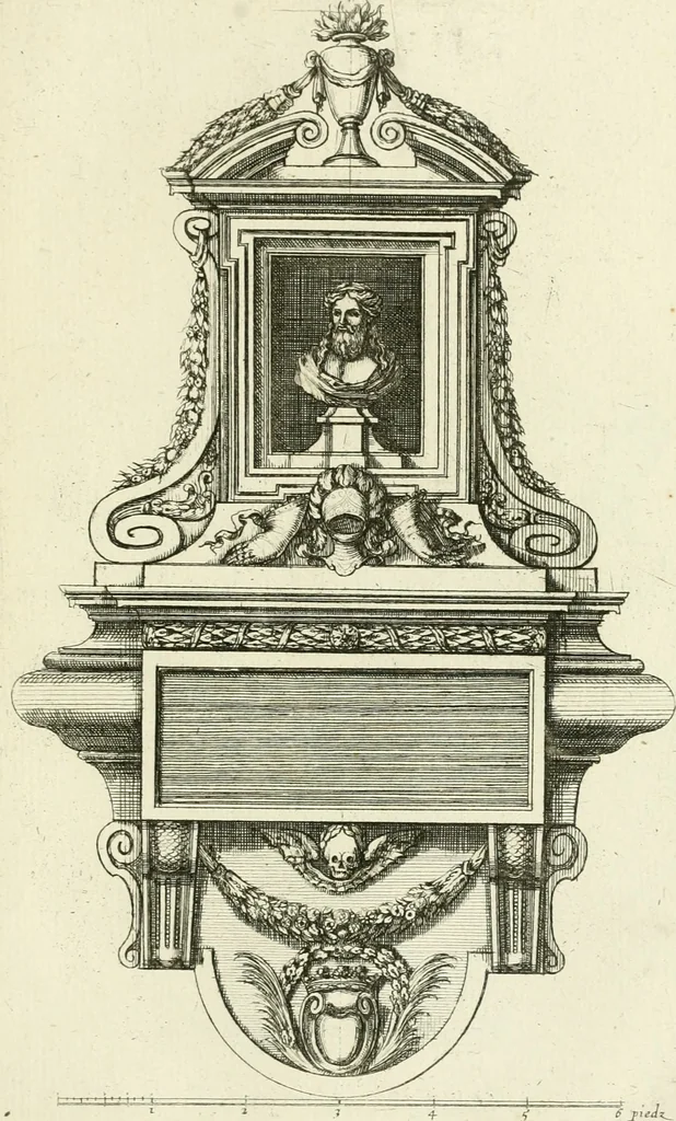 An illustration from Petit uvre d'architecture de Jean Marot, architecte et graveur, ou, Recueil des plans, elevations & coupes de divers anciens edifices de Paris, & de la sépulture des Valois, à S. Denis, avec diverses suites de tombeaux, epitaphes, chapelles, retables d'autels, tabernacles, portes cocheres & autres, &c. & plusieurs petits temples dans le goût antique, qui n'ont jamais paru, 1764, leaf 230