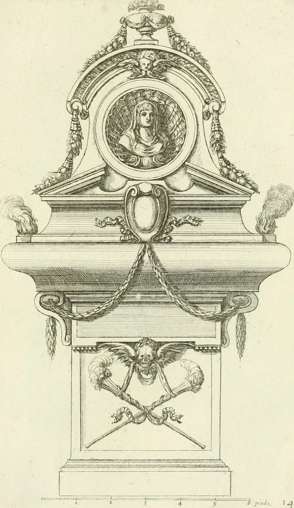 An illustration from Petit uvre d'architecture de Jean Marot, architecte et graveur, ou, Recueil des plans, elevations & coupes de divers anciens edifices de Paris, & de la sépulture des Valois, à S. Denis, avec diverses suites de tombeaux, epitaphes, chapelles, retables d'autels, tabernacles, portes cocheres & autres, &c. & plusieurs petits temples dans le goût antique, qui n'ont jamais paru, 1764, leaf 232