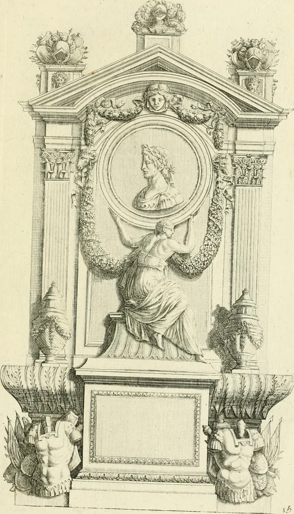 An illustration from Petit uvre d'architecture de Jean Marot, architecte et graveur, ou, Recueil des plans, elevations & coupes de divers anciens edifices de Paris, & de la sépulture des Valois, à S. Denis, avec diverses suites de tombeaux, epitaphes, chapelles, retables d'autels, tabernacles, portes cocheres & autres, &c. & plusieurs petits temples dans le goût antique, qui n'ont jamais paru, 1764, leaf 234