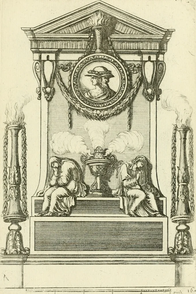 An illustration from Petit uvre d'architecture de Jean Marot, architecte et graveur, ou, Recueil des plans, elevations & coupes de divers anciens edifices de Paris, & de la sépulture des Valois, à S. Denis, avec diverses suites de tombeaux, epitaphes, chapelles, retables d'autels, tabernacles, portes cocheres & autres, &c. & plusieurs petits temples dans le goût antique, qui n'ont jamais paru, 1764, leaf 236