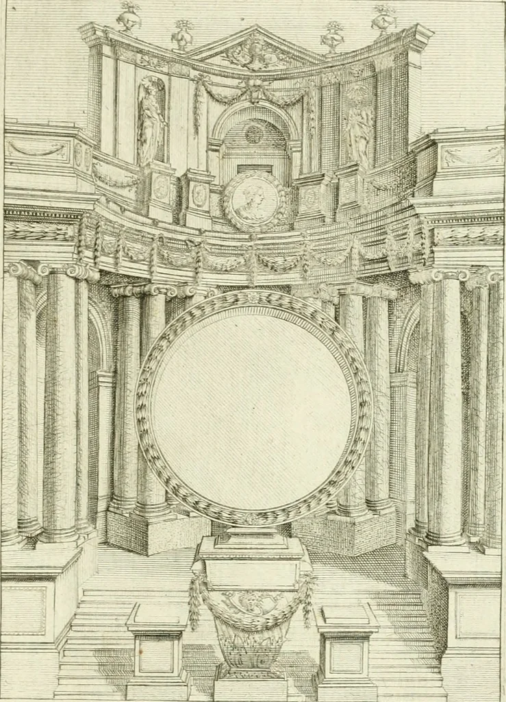 An illustration from Petit uvre d'architecture de Jean Marot, architecte et graveur, ou, Recueil des plans, elevations & coupes de divers anciens edifices de Paris, & de la sépulture des Valois, à S. Denis, avec diverses suites de tombeaux, epitaphes, chapelles, retables d'autels, tabernacles, portes cocheres & autres, &c. & plusieurs petits temples dans le goût antique, qui n'ont jamais paru, 1764, leaf 238