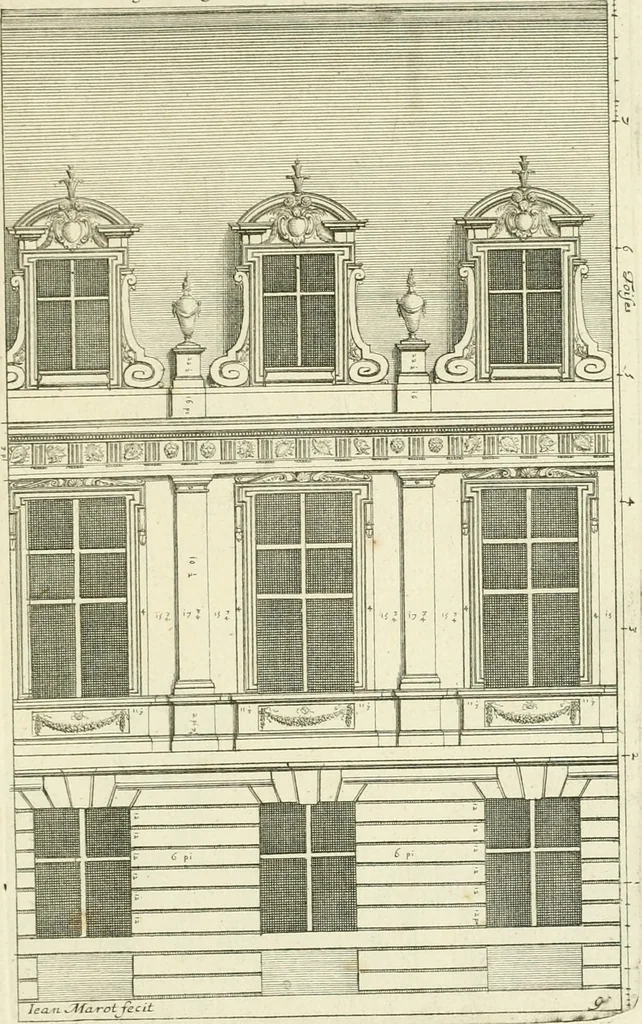 An illustration from Petit uvre d'architecture de Jean Marot, architecte et graveur, ou, Recueil des plans, elevations & coupes de divers anciens edifices de Paris, & de la sépulture des Valois, à S. Denis, avec diverses suites de tombeaux, epitaphes, chapelles, retables d'autels, tabernacles, portes cocheres & autres, &c. & plusieurs petits temples dans le goût antique, qui n'ont jamais paru, 1764, leaf 24