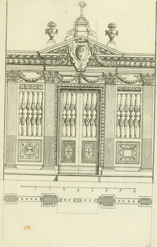 An illustration from Petit uvre d'architecture de Jean Marot, architecte et graveur, ou, Recueil des plans, elevations & coupes de divers anciens edifices de Paris, & de la sépulture des Valois, à S. Denis, avec diverses suites de tombeaux, epitaphes, chapelles, retables d'autels, tabernacles, portes cocheres & autres, &c. & plusieurs petits temples dans le goût antique, qui n'ont jamais paru, 1764, leaf 242