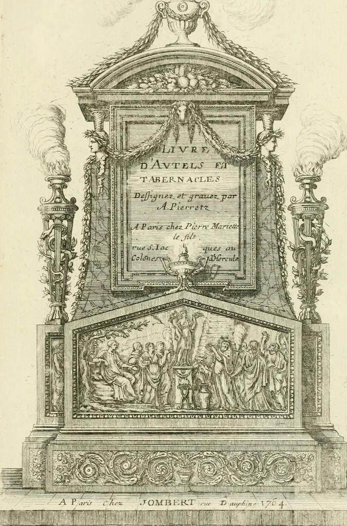 An illustration from Petit uvre d'architecture de Jean Marot, architecte et graveur, ou, Recueil des plans, elevations & coupes de divers anciens edifices de Paris, & de la sépulture des Valois, à S. Denis, avec diverses suites de tombeaux, epitaphes, chapelles, retables d'autels, tabernacles, portes cocheres & autres, &c. & plusieurs petits temples dans le goût antique, qui n'ont jamais paru, 1764, leaf 244
