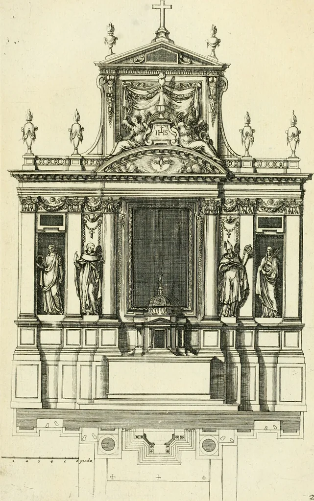 An illustration from Petit uvre d'architecture de Jean Marot, architecte et graveur, ou, Recueil des plans, elevations & coupes de divers anciens edifices de Paris, & de la sépulture des Valois, à S. Denis, avec diverses suites de tombeaux, epitaphes, chapelles, retables d'autels, tabernacles, portes cocheres & autres, &c. & plusieurs petits temples dans le goût antique, qui n'ont jamais paru, 1764, leaf 246