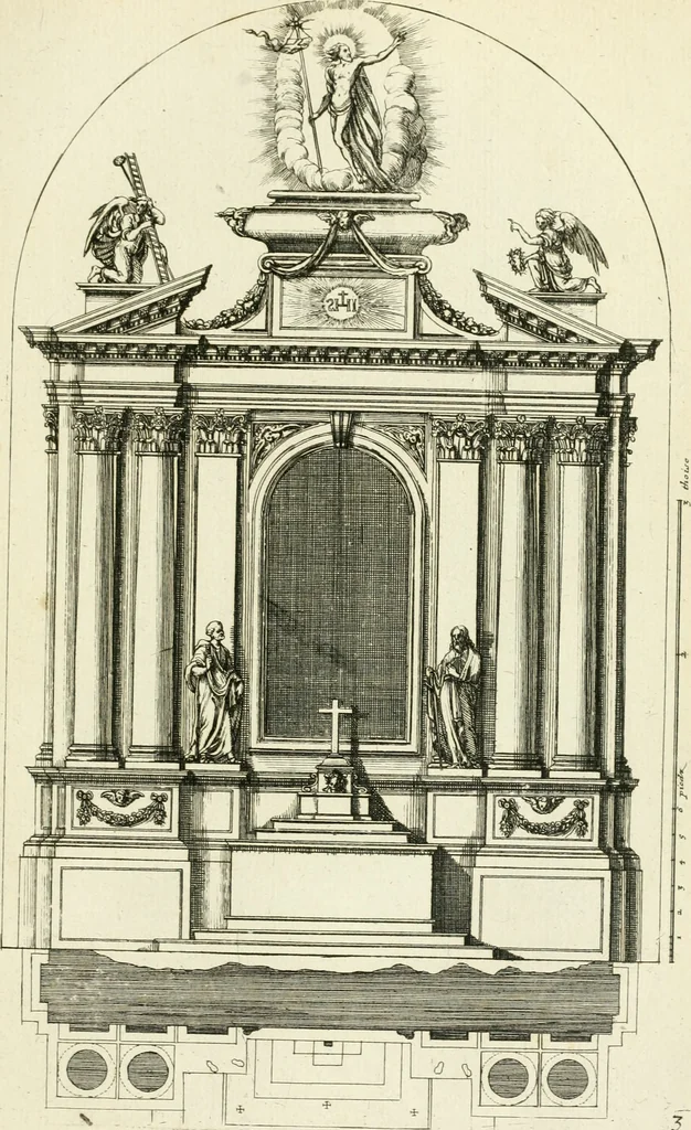 An illustration from Petit uvre d'architecture de Jean Marot, architecte et graveur, ou, Recueil des plans, elevations & coupes de divers anciens edifices de Paris, & de la sépulture des Valois, à S. Denis, avec diverses suites de tombeaux, epitaphes, chapelles, retables d'autels, tabernacles, portes cocheres & autres, &c. & plusieurs petits temples dans le goût antique, qui n'ont jamais paru, 1764, leaf 248