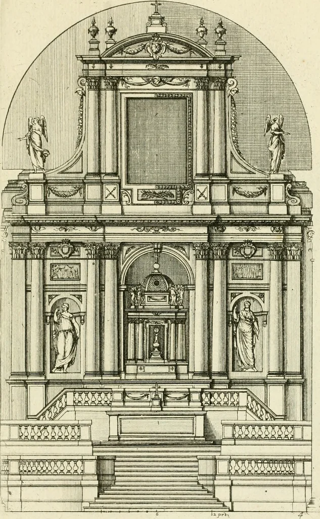 An illustration from Petit uvre d'architecture de Jean Marot, architecte et graveur, ou, Recueil des plans, elevations & coupes de divers anciens edifices de Paris, & de la sépulture des Valois, à S. Denis, avec diverses suites de tombeaux, epitaphes, chapelles, retables d'autels, tabernacles, portes cocheres & autres, &c. & plusieurs petits temples dans le goût antique, qui n'ont jamais paru, 1764, leaf 250