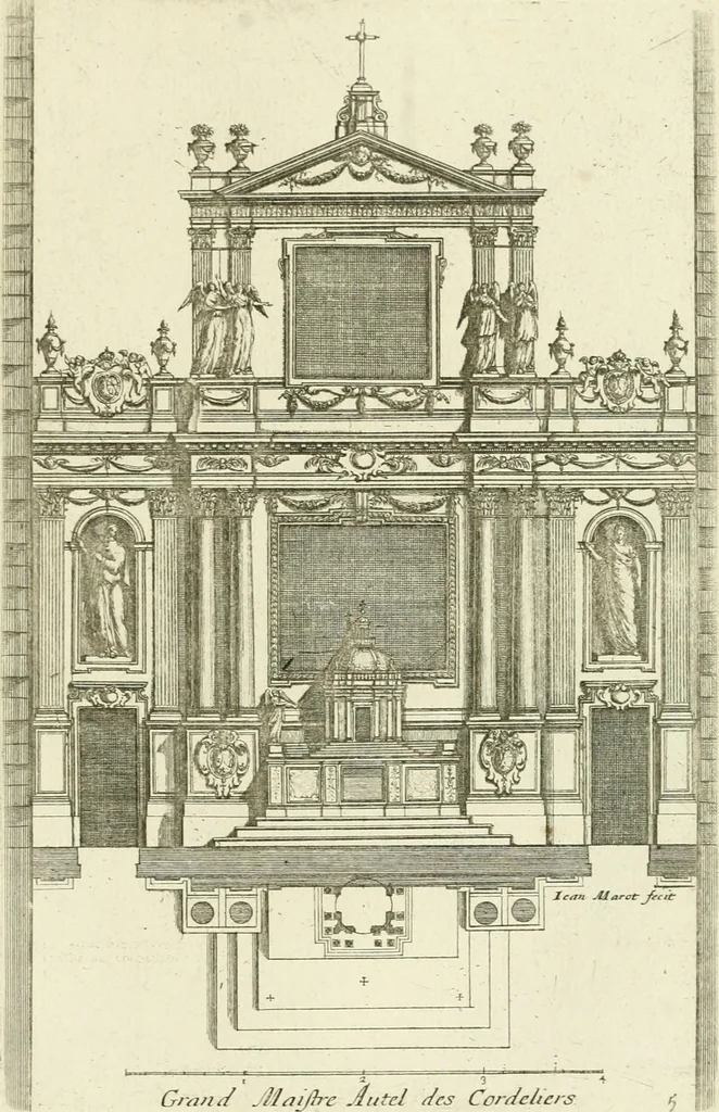 An illustration from Petit uvre d'architecture de Jean Marot, architecte et graveur, ou, Recueil des plans, elevations & coupes de divers anciens edifices de Paris, & de la sépulture des Valois, à S. Denis, avec diverses suites de tombeaux, epitaphes, chapelles, retables d'autels, tabernacles, portes cocheres & autres, &c. & plusieurs petits temples dans le goût antique, qui n'ont jamais paru, 1764, leaf 252