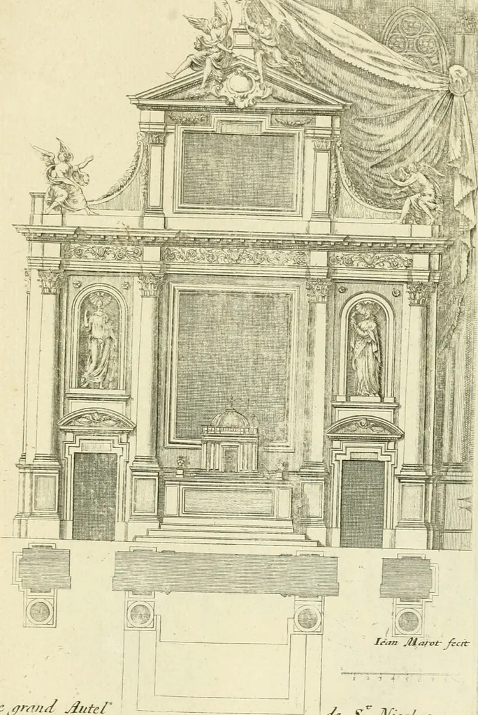 An illustration from Petit uvre d'architecture de Jean Marot, architecte et graveur, ou, Recueil des plans, elevations & coupes de divers anciens edifices de Paris, & de la sépulture des Valois, à S. Denis, avec diverses suites de tombeaux, epitaphes, chapelles, retables d'autels, tabernacles, portes cocheres & autres, &c. & plusieurs petits temples dans le goût antique, qui n'ont jamais paru, 1764, leaf 254